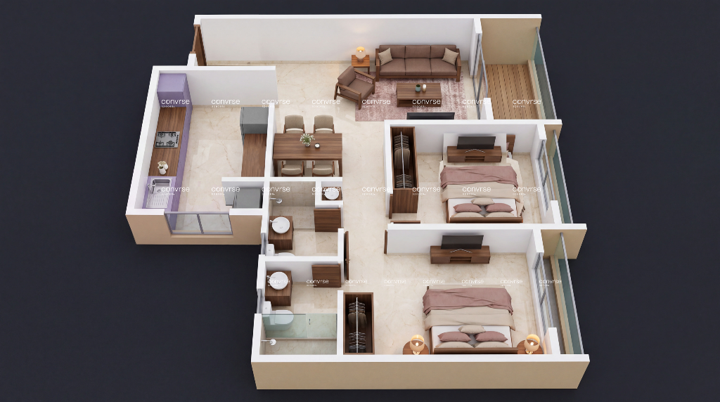 2 BHK illustrative 3D cut-section view