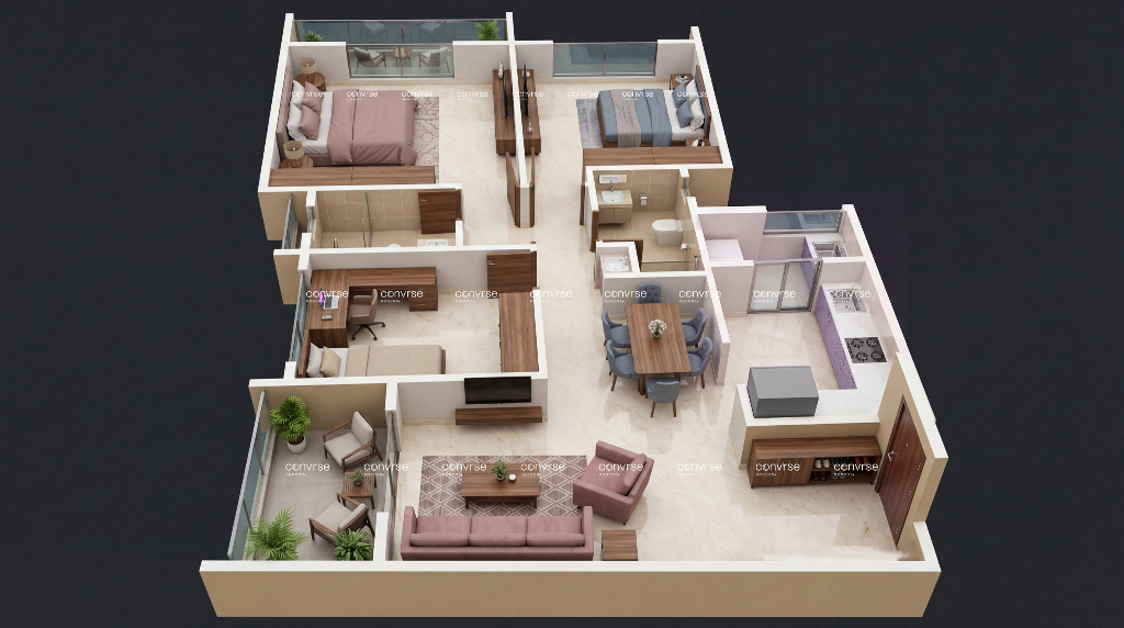Smart 3 BHK illustrative 3D cut-section view